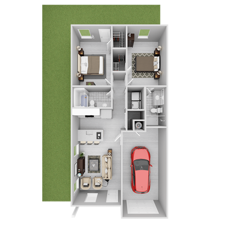 Floor plan for 2 beds, 2 baths, 933 sqft